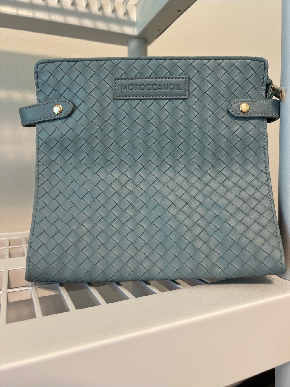 Moroccanoil Woven Crossbody Bag in Slate Blue with Gold Hardware